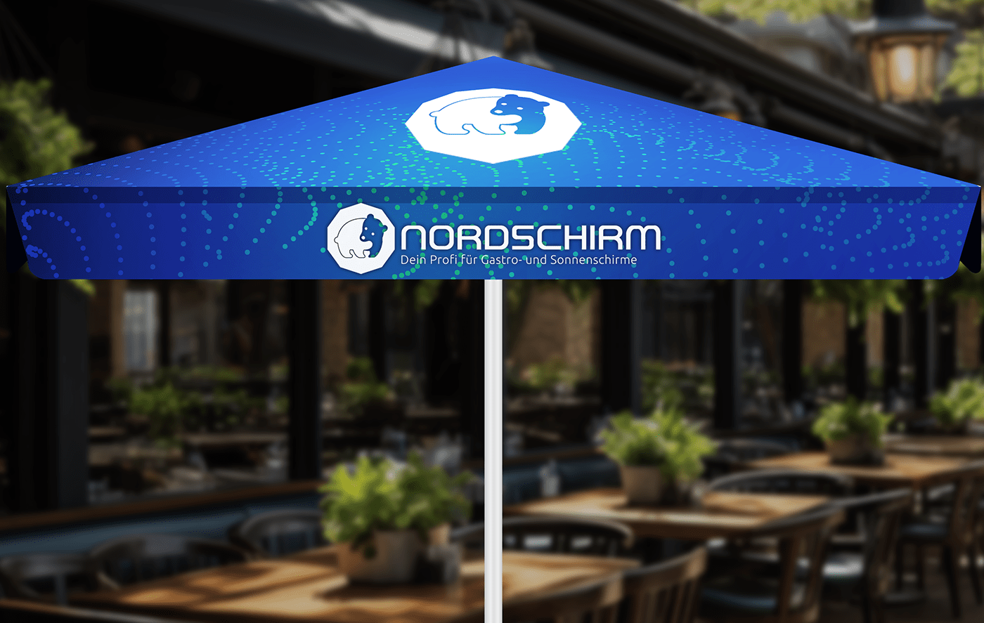 Ein individuell bedruckter Gatsroschirm mit dem Logo von Nordschirm Gastroschirme